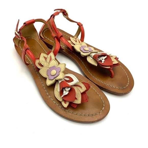 COACH Thong Sandals Sierra A8535 Flowers Orange Leather Sz 5B - Picture 4 of 8